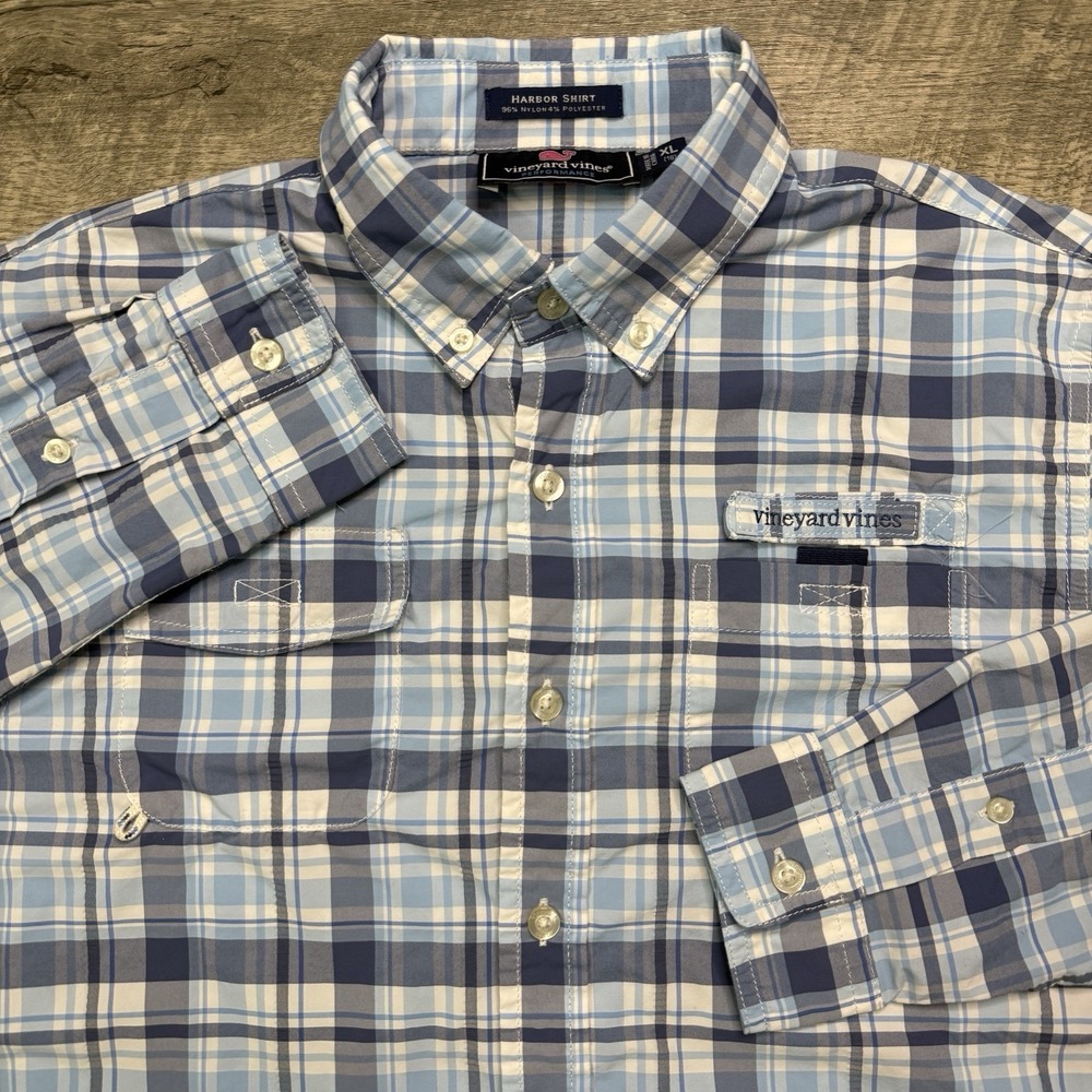 Vineyard Vines Harbor performance shirt kids XL‎ blue plaid outdoor beach boat